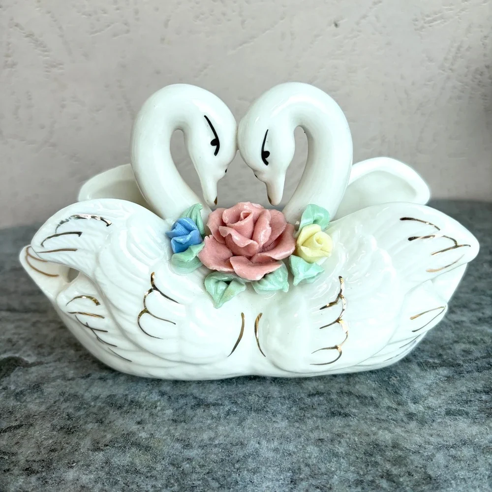 Vintage White Porcelain Double Swan Planter Gold Gilt Ceramic Roses Trinket Dish